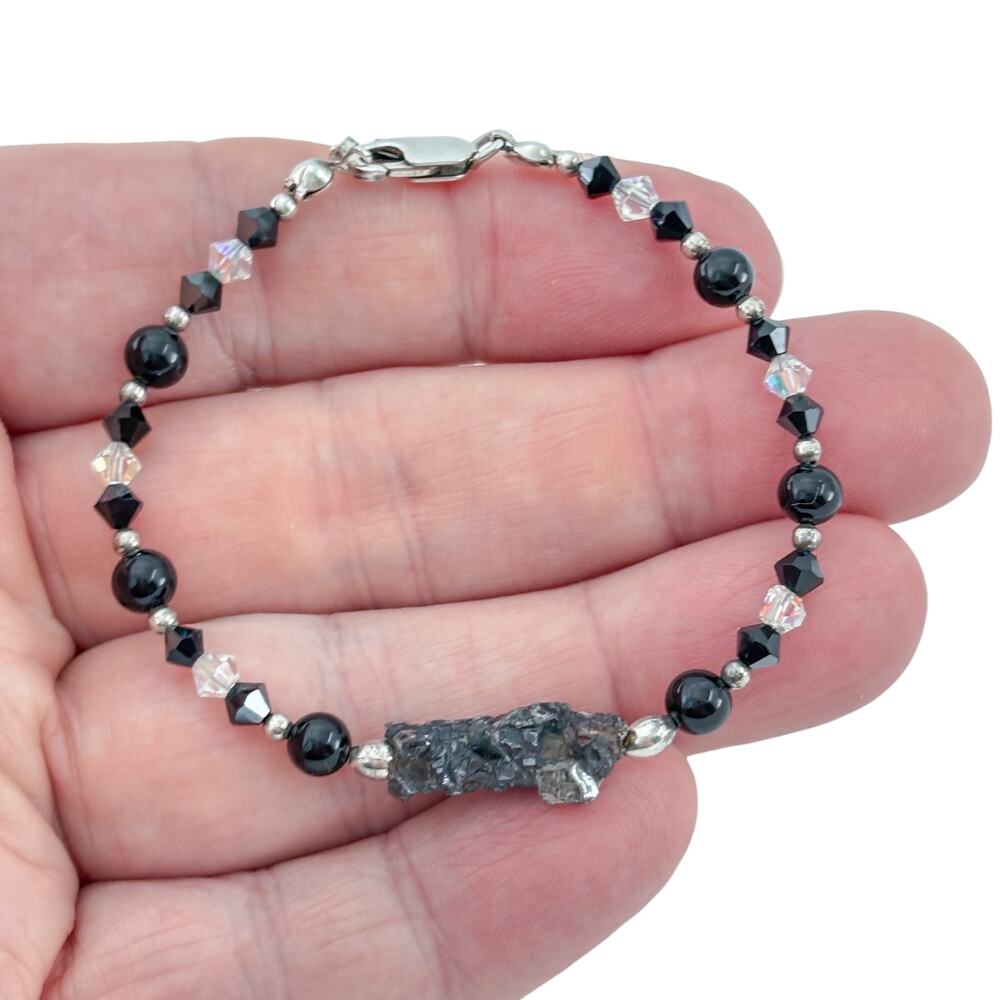 Vintage Sterling Silver 925 Onyx Crystal Black Bead Raw Stone Bracelet 6.5"